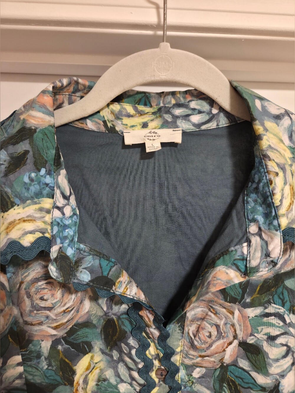 Entro Teal Green Floral Ric-Rac Scallop Mini Dress Cotton Pockets Size M - Picture 3 of 10